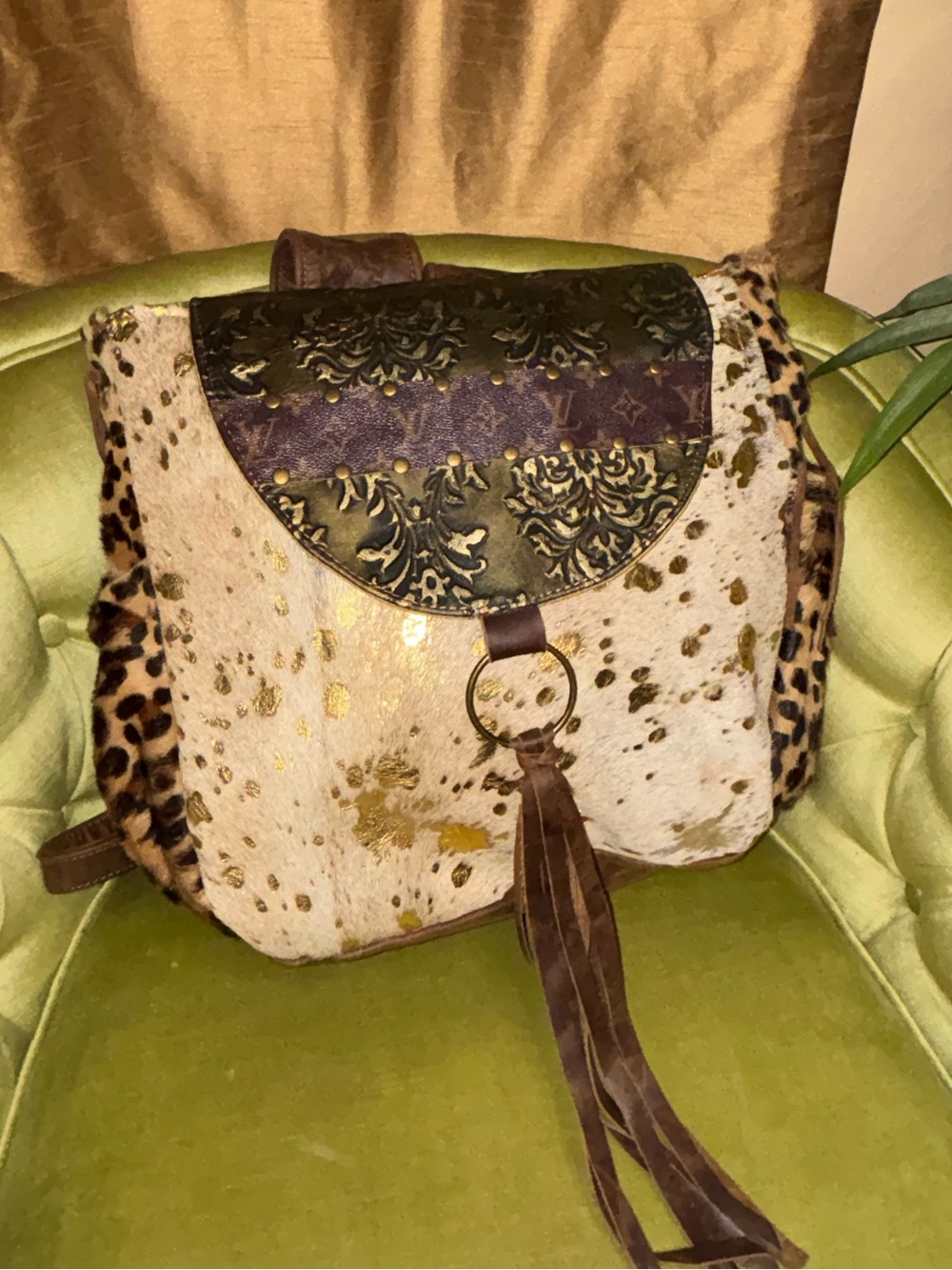 Metallic Cowhide / Leopard Fringe Bucket Handbag/ Backpack 18”X20”